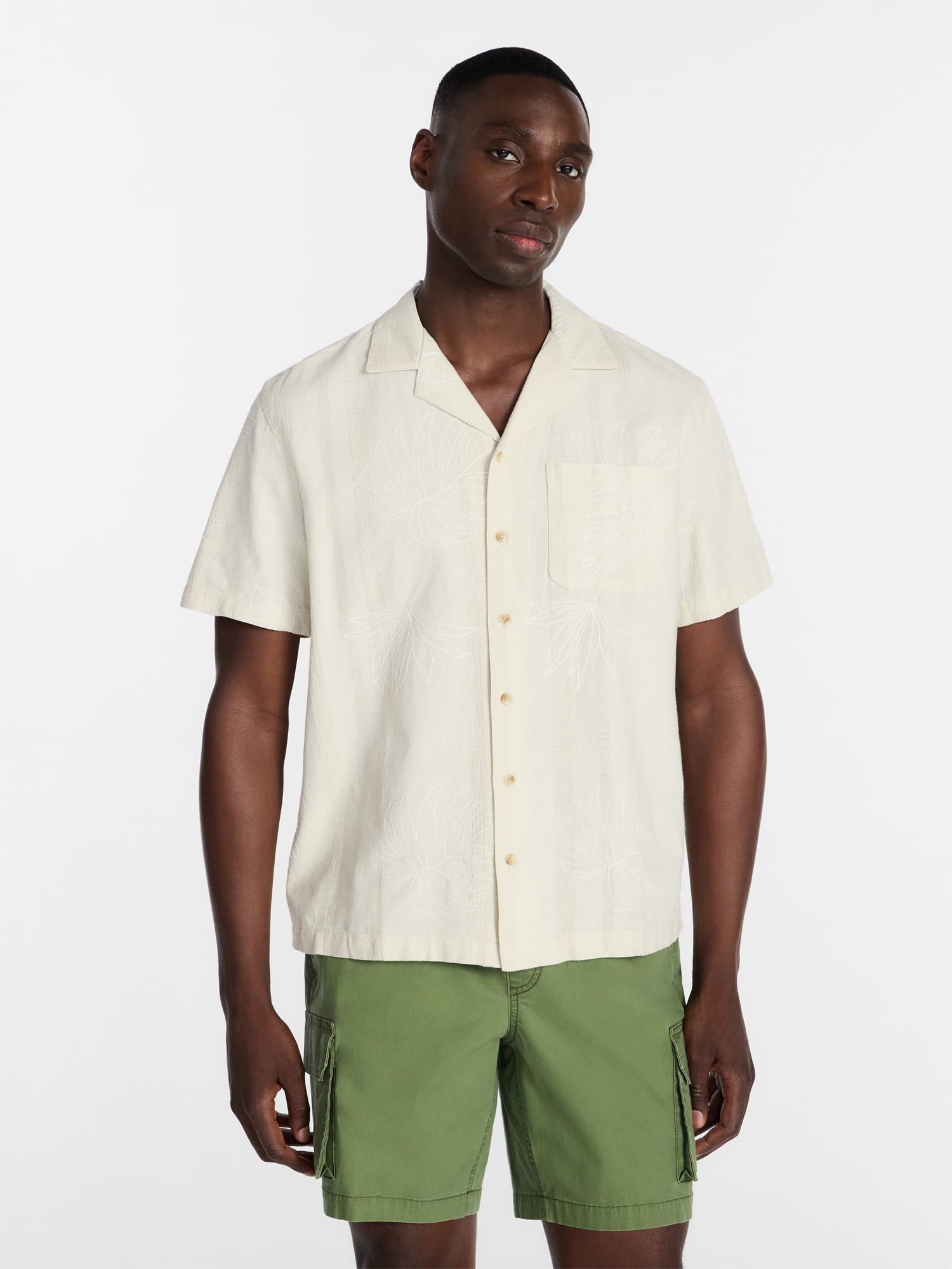 George Men's Cotton Linen Blend Embroidered Short Sleeve Camp Shirt Deal