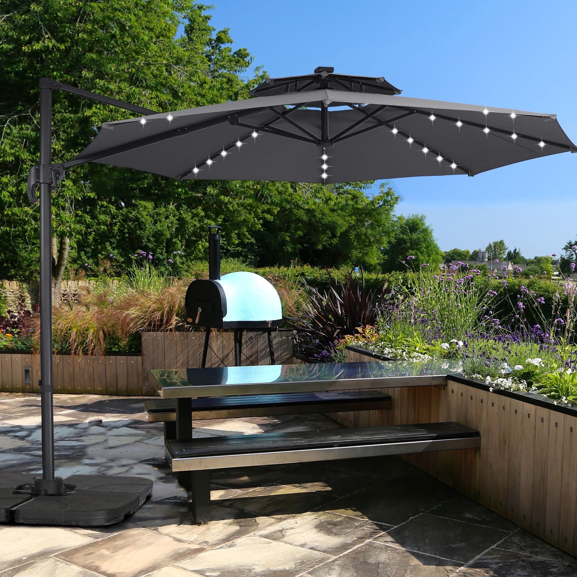 Ainfox 10ft Double Top Heavy-Duty Patio Cantilever Umbrella with lights and Cross Base (Grey) Deal