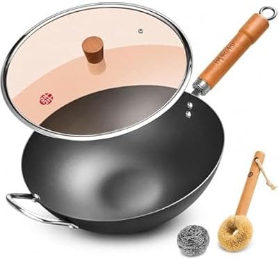 WANGYUANJI 12.6 Inch Carbon Steel Wok with Lid Deal