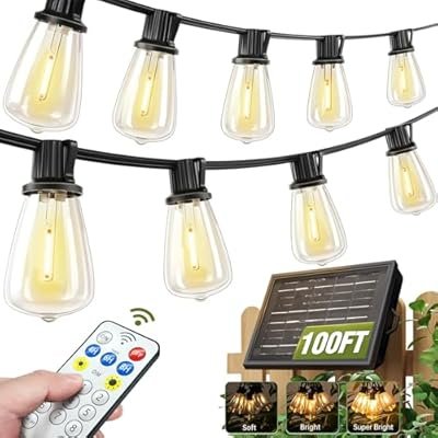 Solar String Lights Outdoor Waterproof with Remote & Timer, LED Shatterproof ST38 Bulbs, 100FT