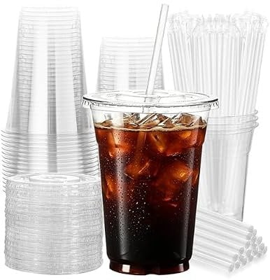 Clear 16oz Cups with Lids and Straws 25-Pack