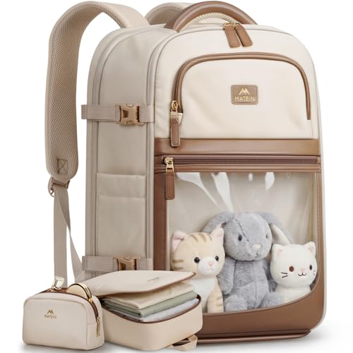 Matein Her 42L Carry-On Backpack w/ Clear Front Pocket & 17.3" Laptop Compartment (Beige)
