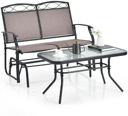 Costway Outdoor Metal Gliding Loveseat Chair w/ Tempered Glass Coffee Table Deal