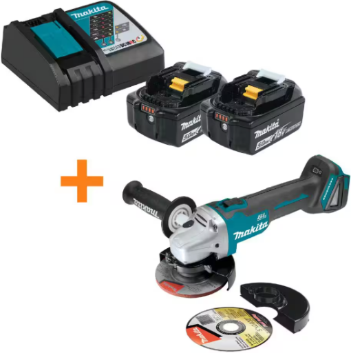 Makita 18V LXT Battery and Rapid Optimum Charger Starter Pack (5.0Ah) with Brushless Angle Grinder