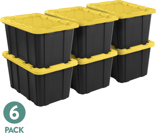 Sterilite 27 Gal Large Plastic Industrial Storage Bin with Snap-Fit Lid, Black and Yellow, 6 Pack Deal