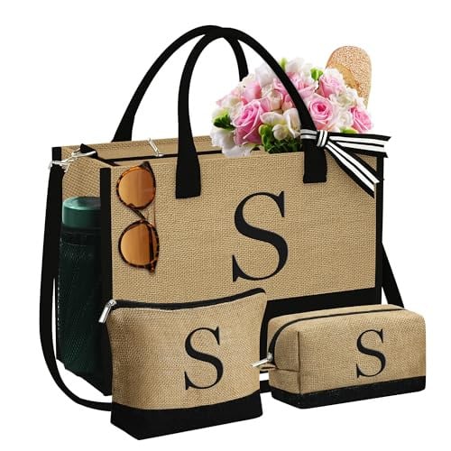 YOOLIFE Initial Jute Tote Bag & 2 Makeup Bags Set (Various Letters) Deal