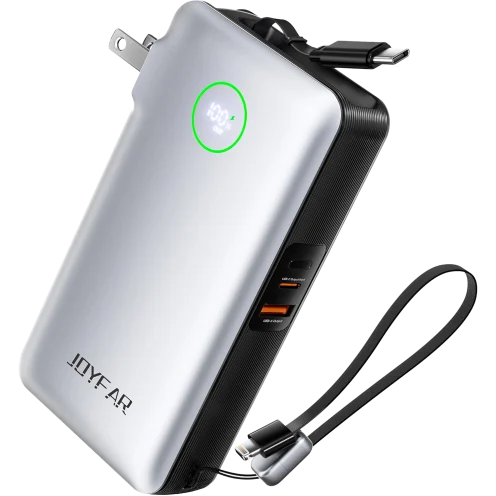 JOYFAR 10,000mAh Fast Charging Power Bank with Built-in Cables & Wall Plug