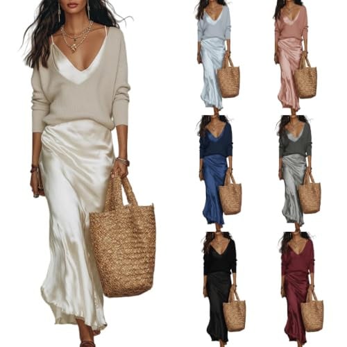  2 Piece Sweater Dress Set V Neck Satin Slip  