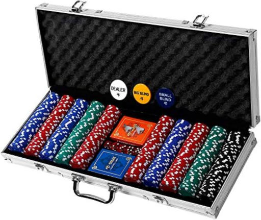Rally and Roar Professional Poker Set w/ Hard Case, 2 Card Decks, 5 Dice, 3 Buttons & 500 Chips