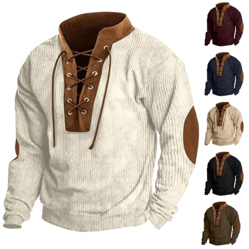 Corduroy Lace-Up Color Block Pullover Sweatshirt