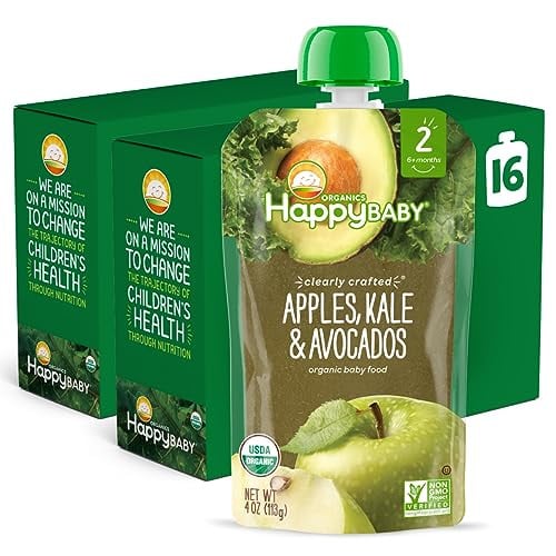 Happy Baby Organics Stage 2 Baby Food Pouches (Apples, Kale & Avocados) 16-Pack 4-Oz