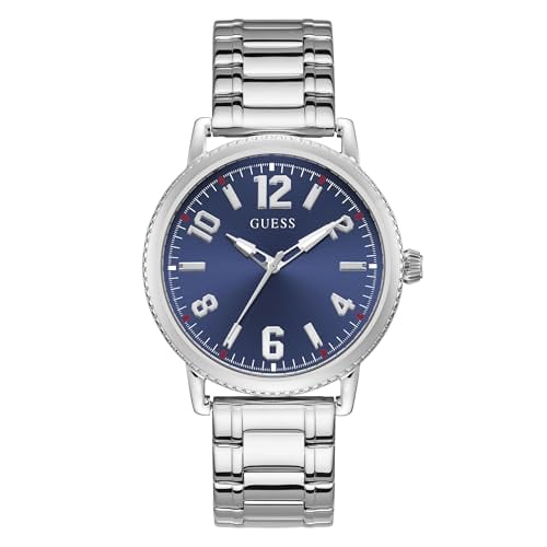 Guess Men's 42mm Watch - Silver Tone Stainless Steel Strap Blue Dial Silver Tone Case Deal