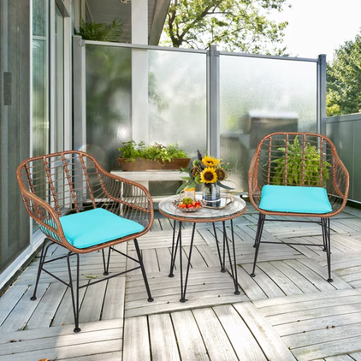Costway 3-Pc Patio Rattan Bistro Conversation Set Turquoise Deal