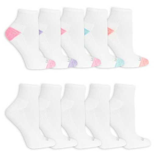 Fruit of the Loom Cushion Ankle Socks for Women 10-Pack, White Assorted, Sizes 8-12