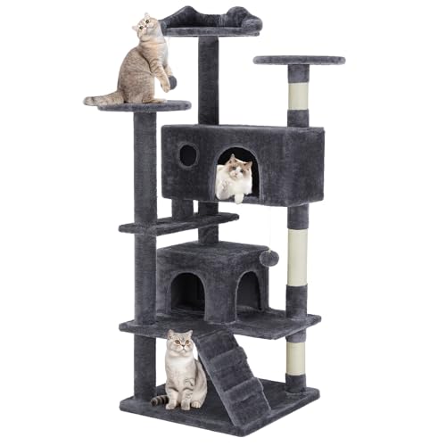 DUMOS 54" Multi-Level Cat Tree Tower w/ 2 Condos & Scratching Posts (Dark Grey)