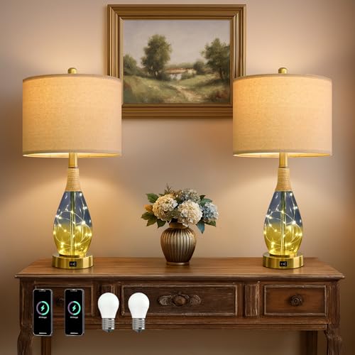 2-Piece 23" Oyears Rattan and Glass Table Lamps w/ 2 Light Points