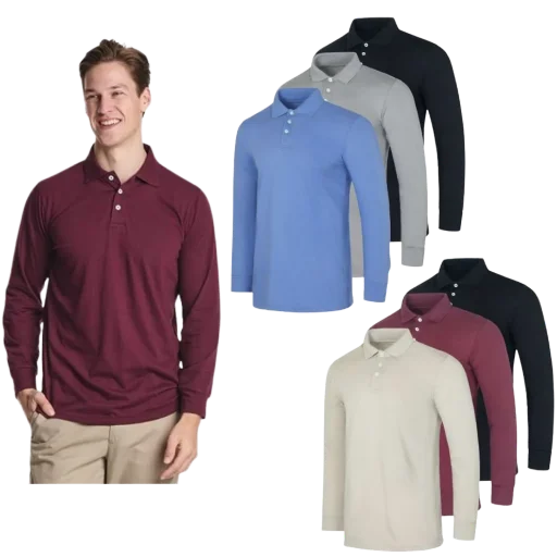 Nextex Men's Cotton Jersey Long-Sleeve Polo Shirts 6-Pack Deal