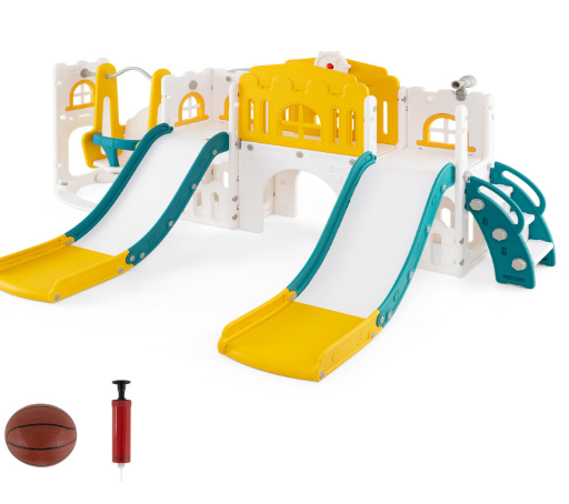 Costway 10-in-1 Toddler Indoor Playset w/ Swing, Double Slides & Tunnel