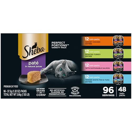 Sheba Perfect Portions Pate Savory Chicken, Roasted Turkey, Salmon, and Tender Whitefish & Tuna Variety Pack, 2.6 oz. Twin-Pack Trays (96 serving)