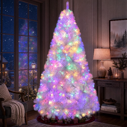Yexmas 6' Pre-Lit White Artificial Christmas Tree with 300 Warm White & Multicolor Lights