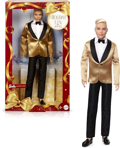 Barbie Signature 2025 Holiday Ken Collectible Fashion Doll w/ Stand (Blonde, Dark Brown)