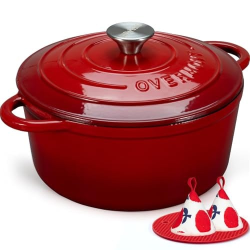 Overmont 5.5-Quart Enameled Cast Iron Dutch Oven Pot with Lid, Cookbook & Cotton Potholders (Red)