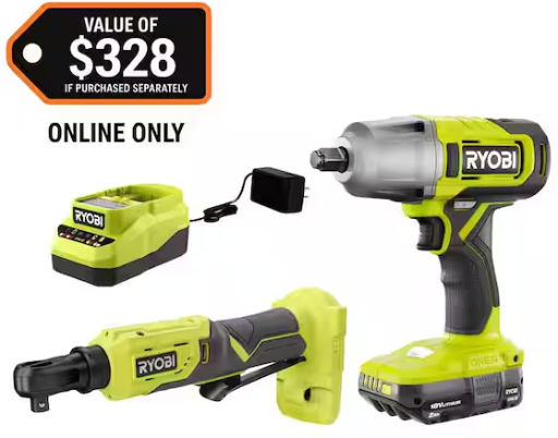 RYOBI ONE+ 18V Cordless 2-Tool Combo Kit with 1/2 inch Impact Wrench