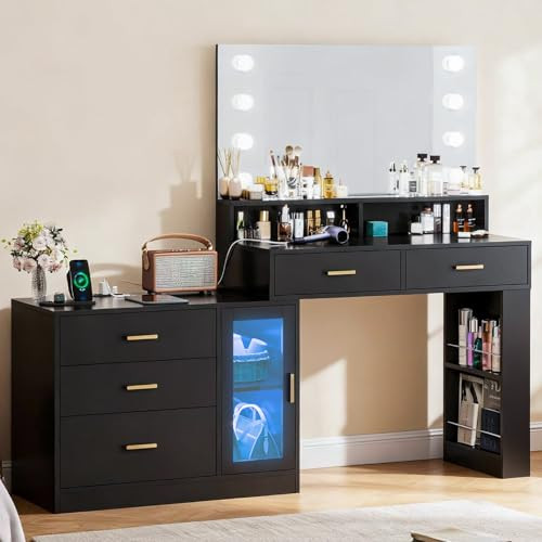 VIAGDO Makeup Vanity Desk with 3-Colors Lighted Mirror and Large Storage
