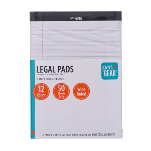 Pen+Gear Wide Ruled Legal Pads, 8.5"x11", White, 50 Sheets, 12 Pack Deal