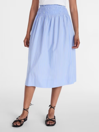 Time and Tru Women's Smocked Waist Cotton Midi Skirt, Sizes XL-XXXL, Shirting Stripe Office Blue