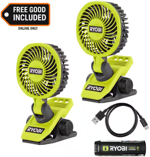 Ryobi USB Lithium Clamp Fan Kit with 2.0 Ah Battery and Extra USB Lithium Cordless Clamp Fan Deal