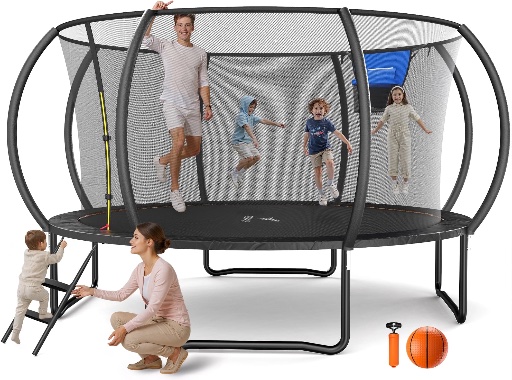 MERACH 14FT Pumpkin Trampoline with Safety Enclosure Net, Basketball Hoop & Ladder
