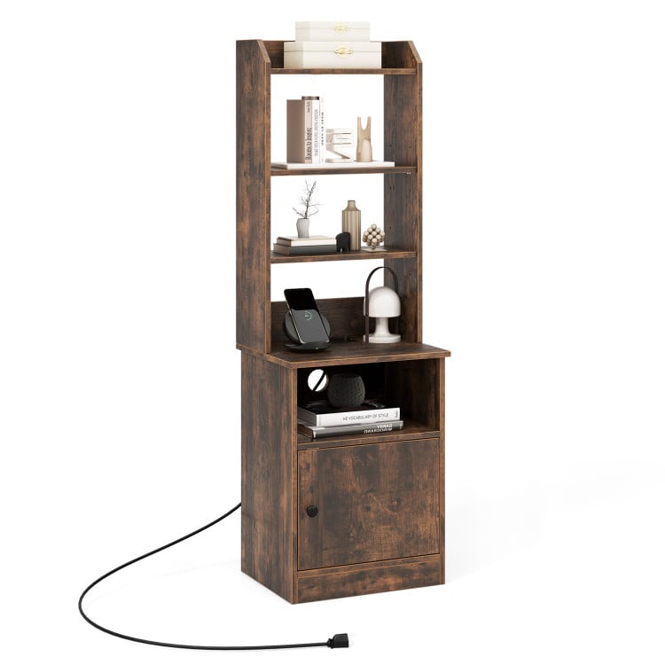 Costway 6-Tier Bookshelf Nightstand with Charging Station and Cabinet