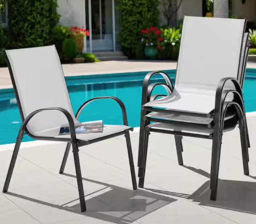 Nuu Garden Black Iron and Textilene Stackable Outdoor Dining Chairs in Gray 4-Pack Deal