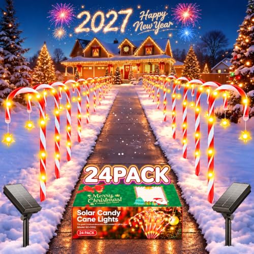 BUCASA 24-Pack Solar Candy Cane Christmas Pathway Lights, 144 LEDs