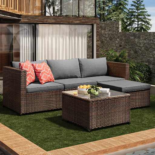 Ebern Designs Dossena Wicker 3-Person Modular Patio Conversation Set with Cushions (Gray)
