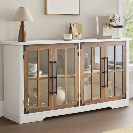 Armoney 63" W Farmhouse Wood Sideboard with Glass Doors and Adjustable Shelves, White