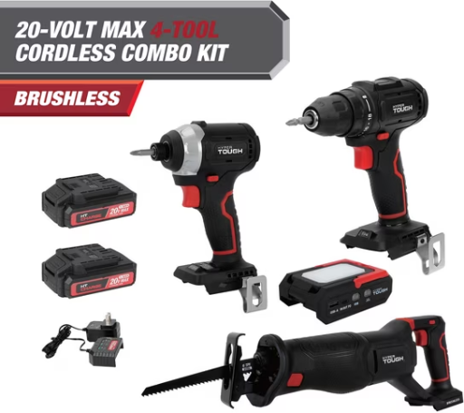 Hyper Tough 20V Brushless 4-Tool Combo Kit with 2 Batteries