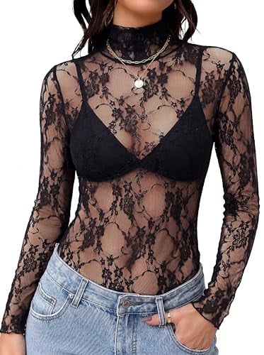 Mesh Long Sleeve Turtleneck Sheer Tops