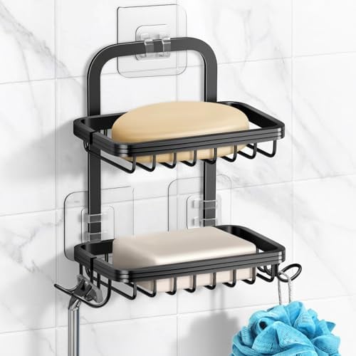 2-Tier Aluminum Wall Mounted Soap Holder w/ 4 Hooks & Razor Holder (Black)