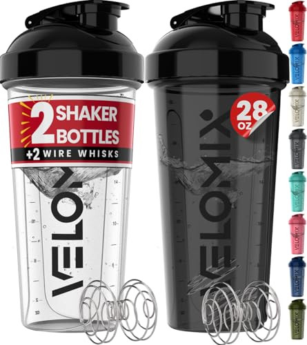 VELOMIX Protein Shaker Bottles w/ Wire Whisk 2-Pack 28-Oz