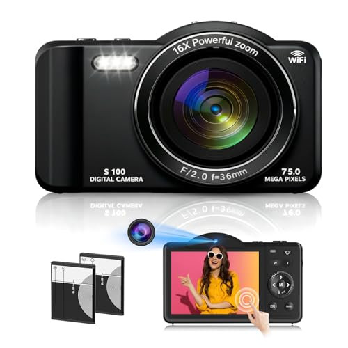 Digital Camera 4K WiFi 75MP with Touchscreen 16X Zoom and 32GB SD Card