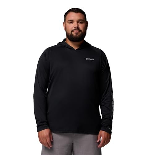 Columbia Mens PFG Terminal Tackle Long Sleeve Fishing Hoodie, Black/Cool Grey Logo (SM-2X Tall)