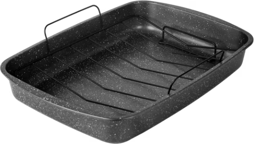 Mainstays 18.9 in Rectangle Turkey Roasting Pan with Wire Rack, Nonstick Carbon Steel, Gray Speckle (Up to 28 lbs)