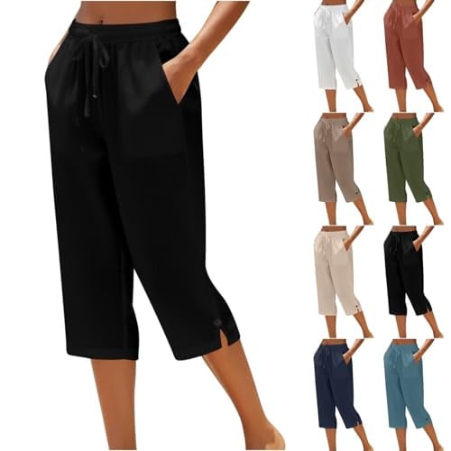 Linen Straight Leg Elastic Waist Capri Pants Deal
