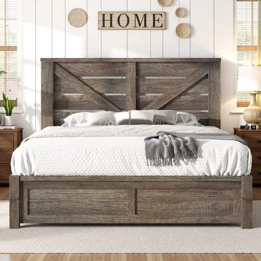 Tryston Farmhouse Queen Bed Frame with 49.2 Barn Door Headboard