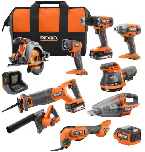RIDGID 18V Cordless 10-Tool Combo Kit with (1)2 Ah Battery, (1)4 Ah Battery
