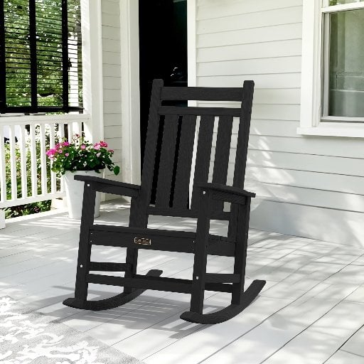 SERWALL Oversized Outdoor Rocking Chair, All-Weather HDPE Patio Rocker with Wide Armrests, Black Deal
