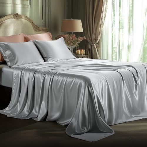 Queen Satin Sheet Set Grey 4-Piece