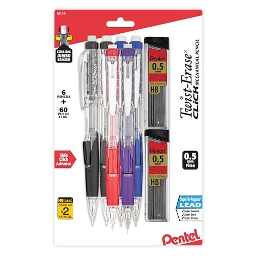 Pentel Twist-Erase Click Mechanical Pencil 0.5mm 6-Pack with 2-Pack Lead Refills Deal